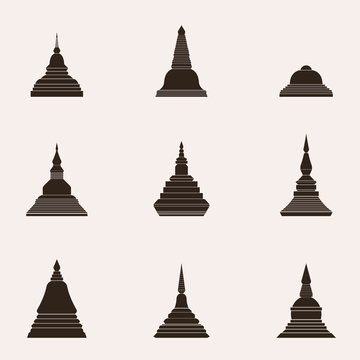 Buddhism Pagoda Architecture Thai Style Shape Set - Vector