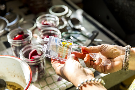 Hand of woman PH testing beetroot preserves jars in kitchen