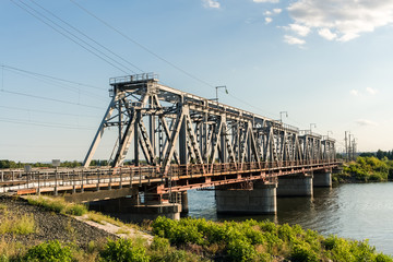 View of railway bridge through the river Volga in Syzran, Russia
