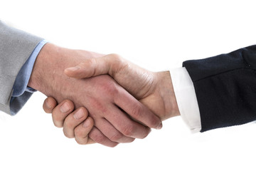 Two business men shaking hands on a white background