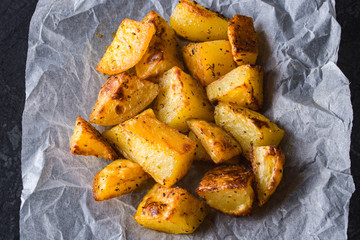 Roasted potatoes on backing paper