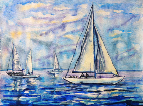 Watercolor painting of sailboats in the blue sea