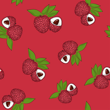 Seamless Pattern of Lichee ,Exotic Fruit on Pink Background, Vector Illustration