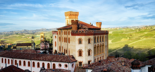 Panorama of Barolo (Piedmont, Italy) with the town, the medieval castle and the vineyards of Langhe