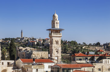 Fototapeta na wymiar View of old Jerusalem and the minaret of the mosque al-Aqsa, Israel