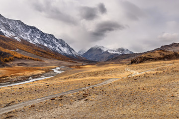 mountains river road autumn clouds