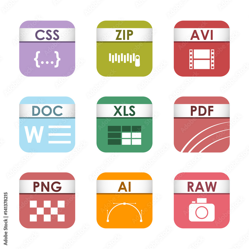 Aufkleber simple square file types formats labels icon set presentation document symbol and audio extension gr