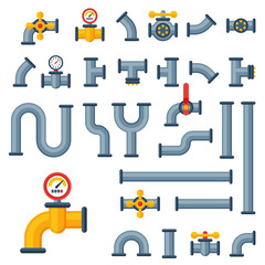 Details pipes different types collection of water tube industry gas valve construction and oil industrial pressure technology plumbing vector illustration.