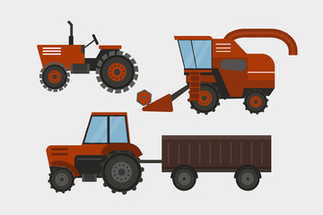 Agriculture industrial farm equipment machinery tractor combine and excavator rural machinery corn car harvesting wheel vector illustration.