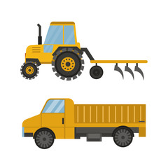 Agriculture industrial farm equipment machinery tractor combine and excavator rural machinery corn car harvesting wheel vector illustration.