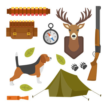 Set of vintage hunting symbols camping objects design elements flat style hunter weapons and forest wild animals and other outfit isolated vector illustration.
