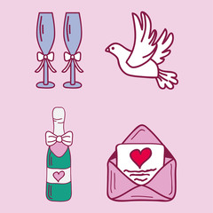 Wedding couple relationship marriage nuptial icons design ceremony celebration and holliday folk icons beauty hand drawn family pink vector illustration.