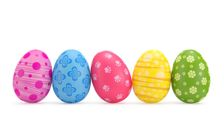 Five multicolored eggs on a white background. 3D rendered Illustration.