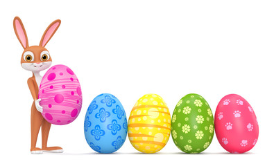 Easter bunny holding a pink egg on a white background. 3D rendered Illustration.