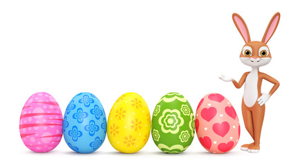 Easter bunny and a row of eggs on a white background. 3D rendered Illustration.