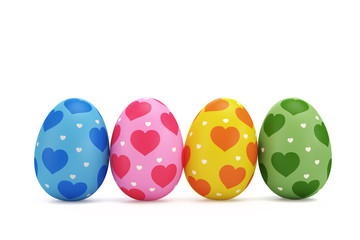Four Easter eggs with hearts on a white background. 3D render.
