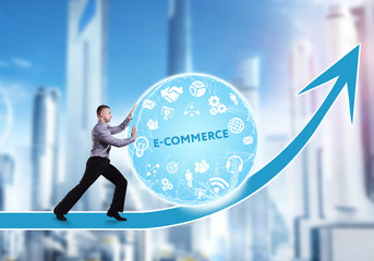 Technology, the Internet, business and network concept. A young businessman overcomes an obstacle to success: E-commerce