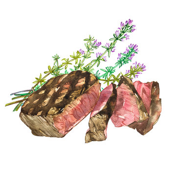 Beef with Thyme. Watercolor ribeye steak. Hand drawn illustration. Isolated on white background