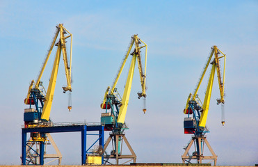 Three dock cranes in seaport.