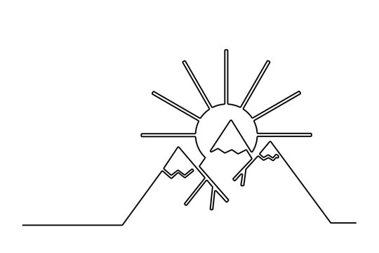 The background is drawn by a continuous line. Black on white. 
Sunrise in the mountains. Sun rays above the peak.