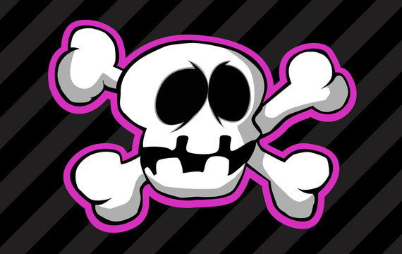 A cartoon skull with crossed bones on a striped background.