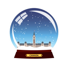 Snow globe city. Canada. Winter travel vector.