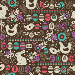 Seamless brown pattern with color easter eggs, rabbit, flowers and hen.Ideal for printing onto fabric and paper or scrap booking, vector illustration