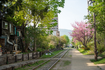 Train track in Otoru, Hokkaido, Japan