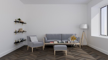 living room in modern house with white wood wall - 3D rendering