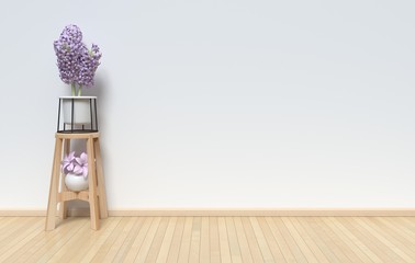 Flower pot on a chair on a wooden floor with white walls,3D rendering