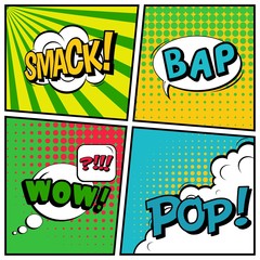 Abstract creative concept vector comic pop art style blank, layout template with clouds beams and isolated dots background. For sale banner, empty speech bubble set, illustration halftone book design.