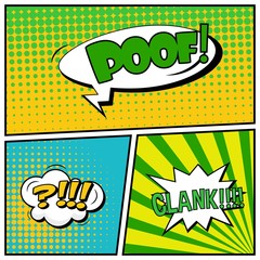 Abstract creative concept vector comic pop art style blank, layout template with clouds beams and isolated dots background. For sale banner, empty speech bubble set, illustration halftone book design.