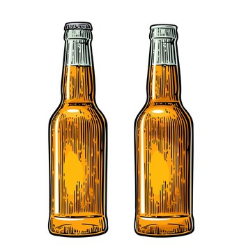 Open and close beer bottle. Vintage black and color vector engraving illustration.