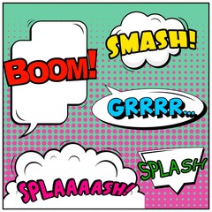 Abstract creative concept vector comic pop art style blank, layout template with clouds beams and isolated dots background. For sale banner, empty speech bubble set, illustration halftone book design.