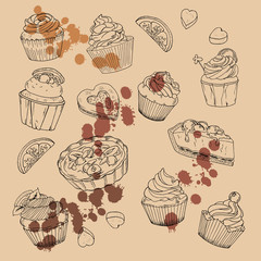 Set of cupcakes, fresh lemon slices and sugar pieces on beige background with brown backdrops. Hand drawn vector illustration.