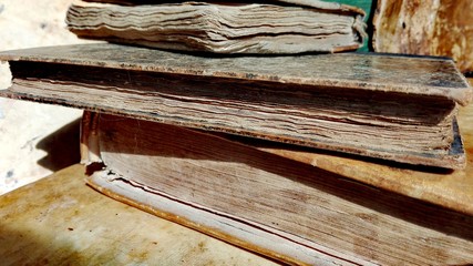 Antique Old BOOKS, Manuscripts, Incunabula, Vintage Aging of the Pages, Background, Parchment, Leather-Bound