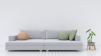 The interior design has a sofa with pillows and ornamental green white background, 3D rendering