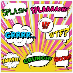 Abstract creative concept vector comic pop art style blank, layout template with clouds beams and isolated dots background. For sale banner, empty speech bubble set, illustration halftone book design.