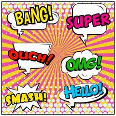 Abstract creative concept vector comic pop art style blank, layout template with clouds beams and isolated dots background. For sale banner, empty speech bubble set, illustration halftone book design.