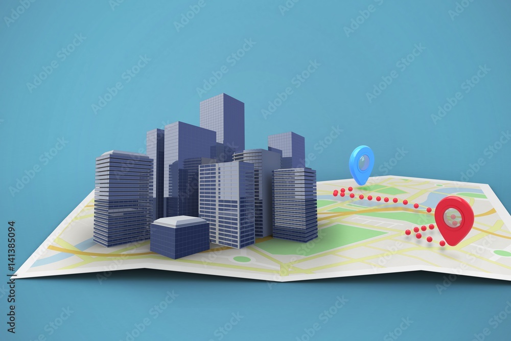 Poster composite image of map showing a route 3d