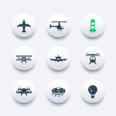 Aircrafts icons set, aviation, air transport, airplane, helicopter, drone, biplane, alien spaceship, balloon