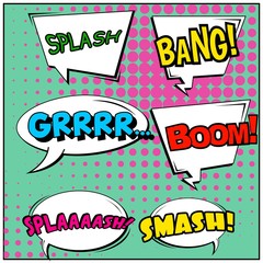 Abstract creative concept vector comic pop art style blank, layout template with clouds beams and isolated dots background. For sale banner, empty speech bubble set, illustration halftone book design.