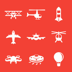 Aircrafts icons, airplane, aviation, air transport, helicopter, drone, biplane, air balloon, alien spaceship © nexusby