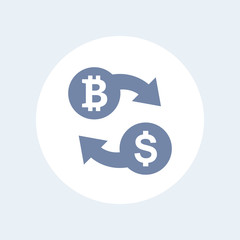 Bitcoin to USD exchange icon isolated on white