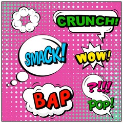 Abstract creative concept vector comic pop art style blank, layout template with clouds beams and isolated dots background. For sale banner, empty speech bubble set, illustration halftone book design.