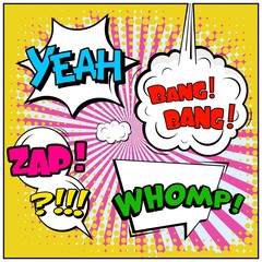 Abstract creative concept vector comic pop art style blank, layout template with clouds beams and isolated dots background. For sale banner, empty speech bubble set, illustration halftone book design.