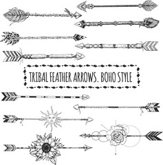 Tribal arrow set in ethnical pattern with feathers, sun face and wild flowers