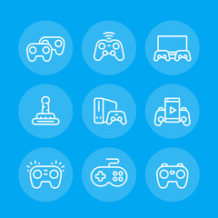gamepads line icons set, game controllers, console, video gaming, cyber sport vector pictograms