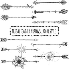 Tribal arrow set in ethnical pattern with feathers, sun face and wild flowers