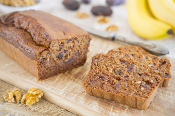 Homemade banana bread on a rustic table